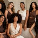 A group of beautiful, smiling women with diverse dark skin tones gathered together, showcasing inclusive K-beauty and personal color analysis in Korea.