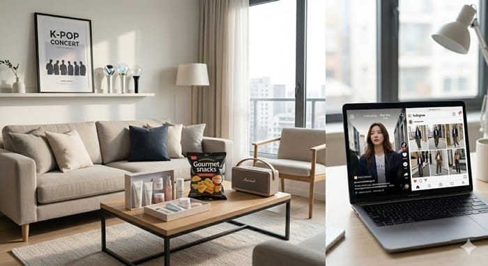 Global lifestyle trend influenced by K-pop culture visualized inside a cozy, modern apartment with subtle artist lightsticks, a coffee table with curated K-beauty and international snacks, and a desk where a laptop displays K-pop digital content.