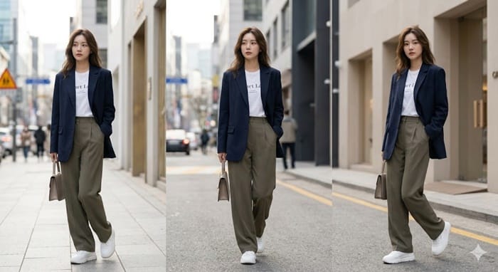 K-style fashion trend 2026 Korean outfit global trend featuring a stylish woman walking confidently in Seoul, wearing a tailored navy blazer, graphic tee, wide-leg olive trousers, a minimalist luxury handbag, and chunky white sneakers.