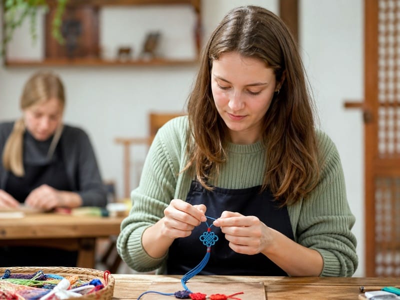 An international visitor participating in a traditional Korean pottery-making workshop in Seoul.