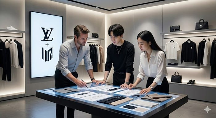 Global brand collaboration with K-pop artist showing long-term partner dynamic within a sleek, modern design studio, with a large screen displaying a fusion logo and designers examining sophisticated co-branded apparel and accessories.