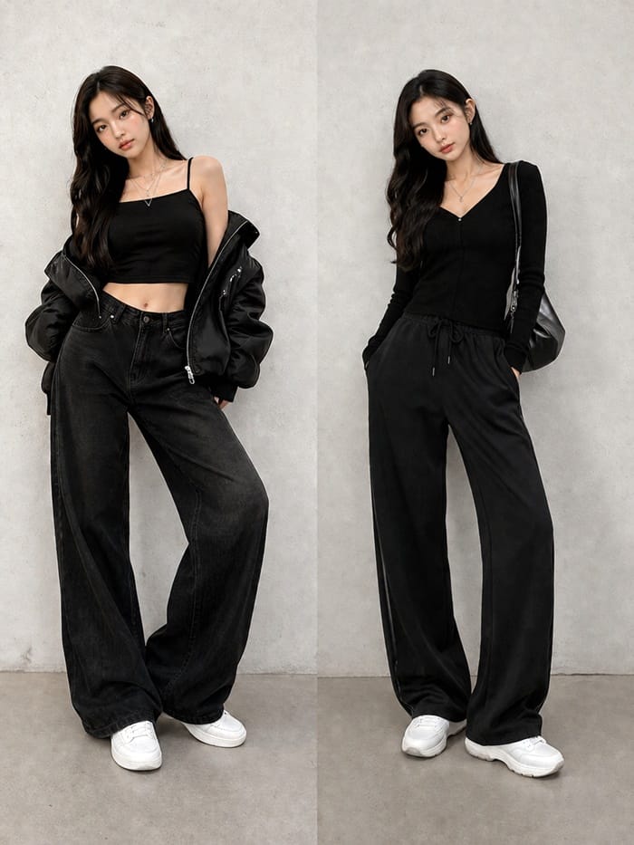 K-style outfit Korean fashion casual black outfit leather jacket and cardigan style