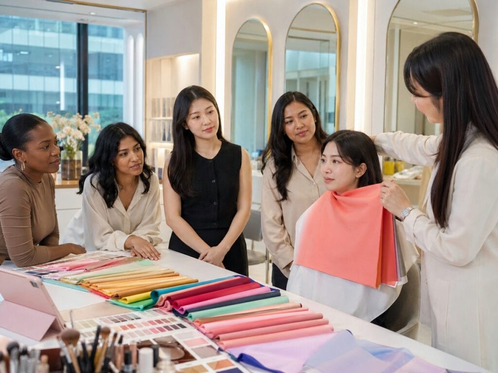 Professional personal color analysis dark skin Korea session in a modern Gangnam studio.