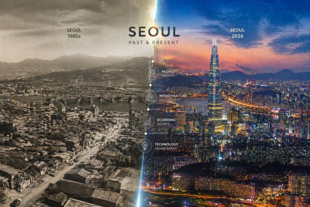 A split-screen comparison of Seoul's transformation from the 1950s to 2026, highlighting the economic growth that shaped the modern South Korea safety culture.