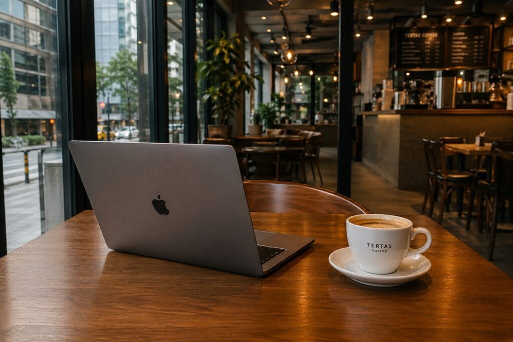 An unattended MacBook left on a cafe table in Seoul, demonstrating the high level of trust and the unique South Korea safety culture.