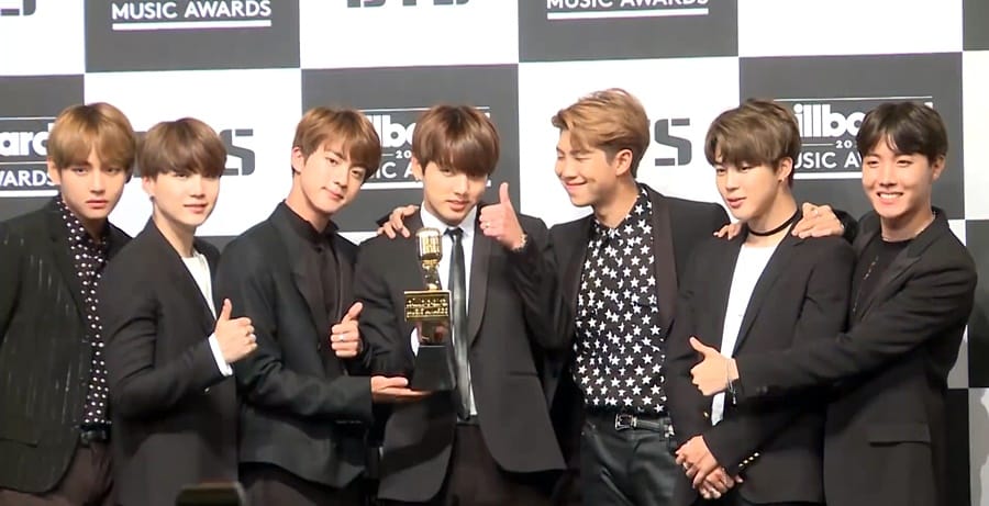 BTS at a press conference for the Billboard Music Awards in 2017.
