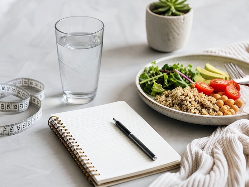 Extreme dieting health risks shown through a wellness checklist, water glass, balanced meal, and healthy lifestyle reminder.