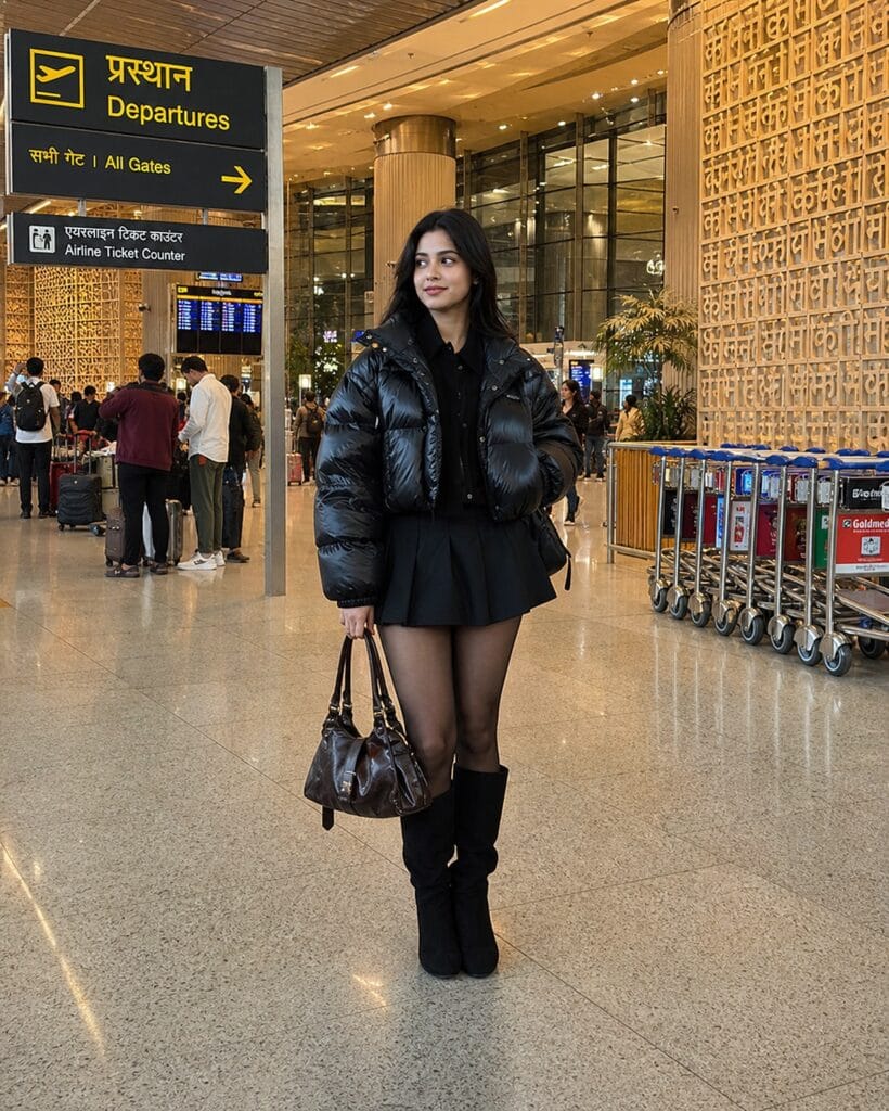 A woman in India interpreting Karina's K-pop fashion with a glamorous and sharp statement-making vibe.