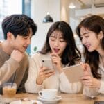 Korean friends discussing MBTI in Korea and blood type personality trends at a Seoul cafe.