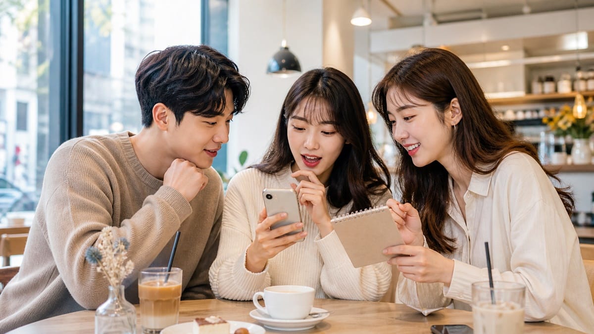 Korean friends discussing MBTI in Korea and blood type personality trends at a Seoul cafe.