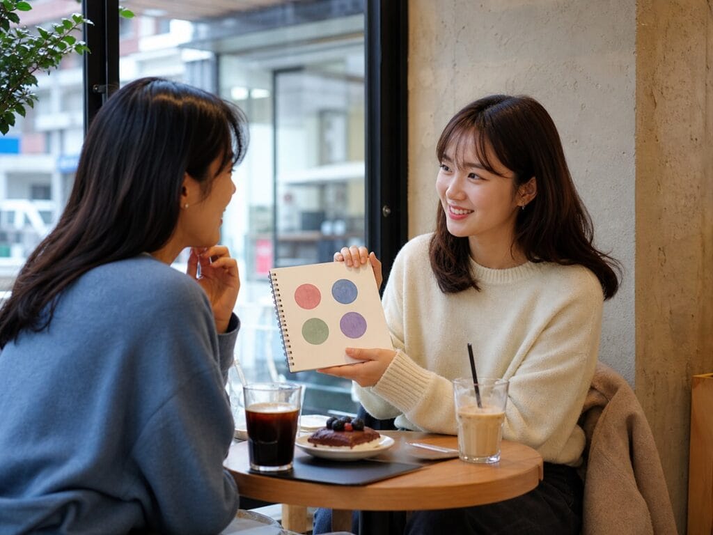 Two Korean friends talking about blood type personality and MBTI in Korea at a cozy cafe.