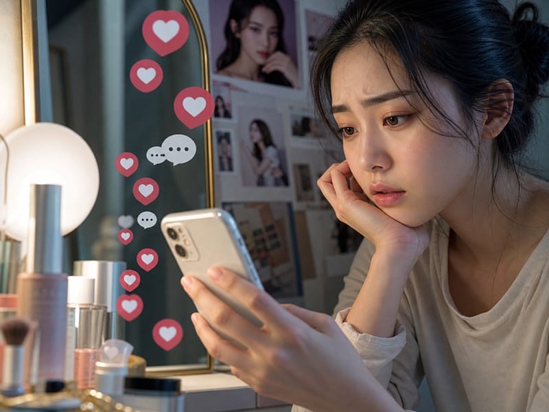 Korean social media body image pressure shown through beauty trends, online likes, fashion posts, and smartphone culture.