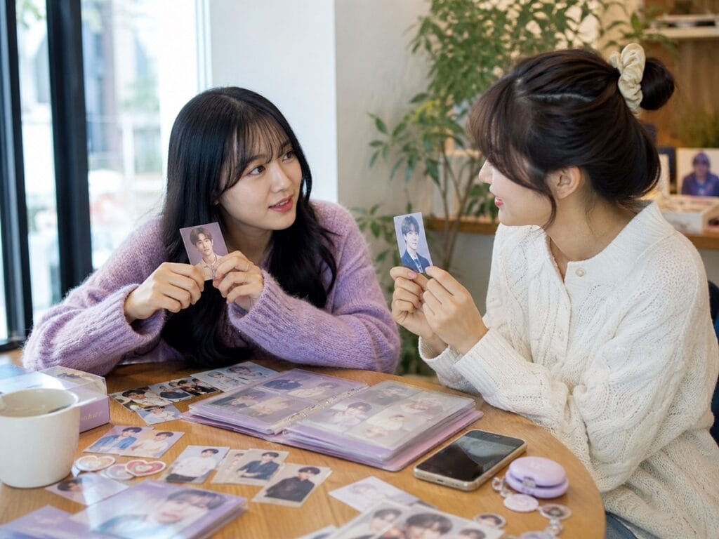 K-pop fans discussing idol MBTI in Korea with photo cards and personality trends.