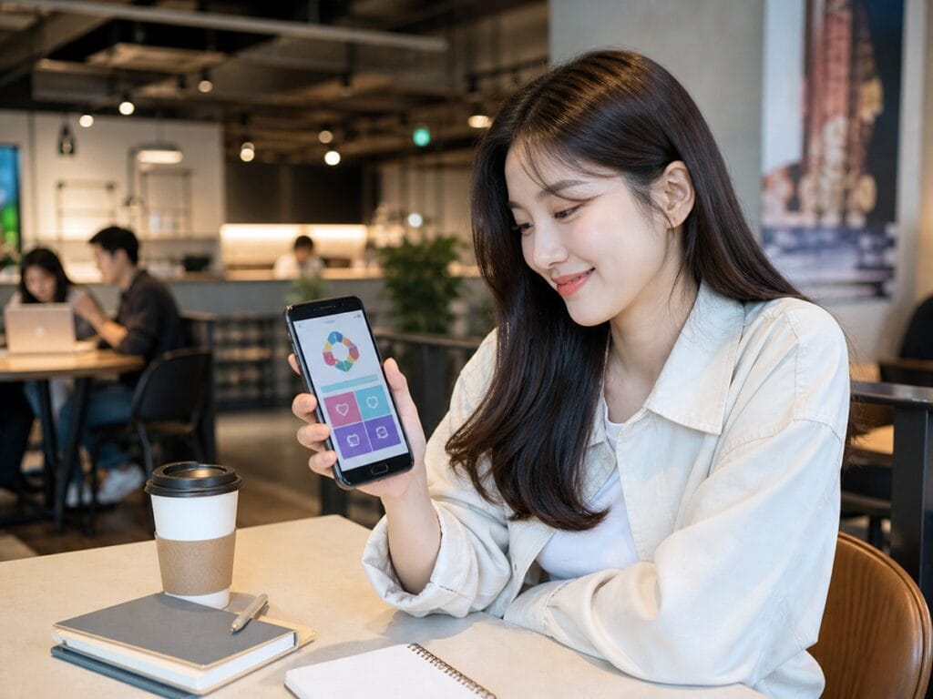 A Korean woman checking an MBTI in Korea personality test result on a smartphone in a modern cafe.