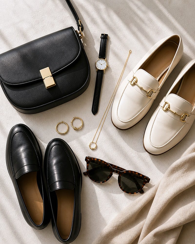 Minimal accessories, clean shoes, structured bag, and simple jewelry for an expensive-looking outfit.
