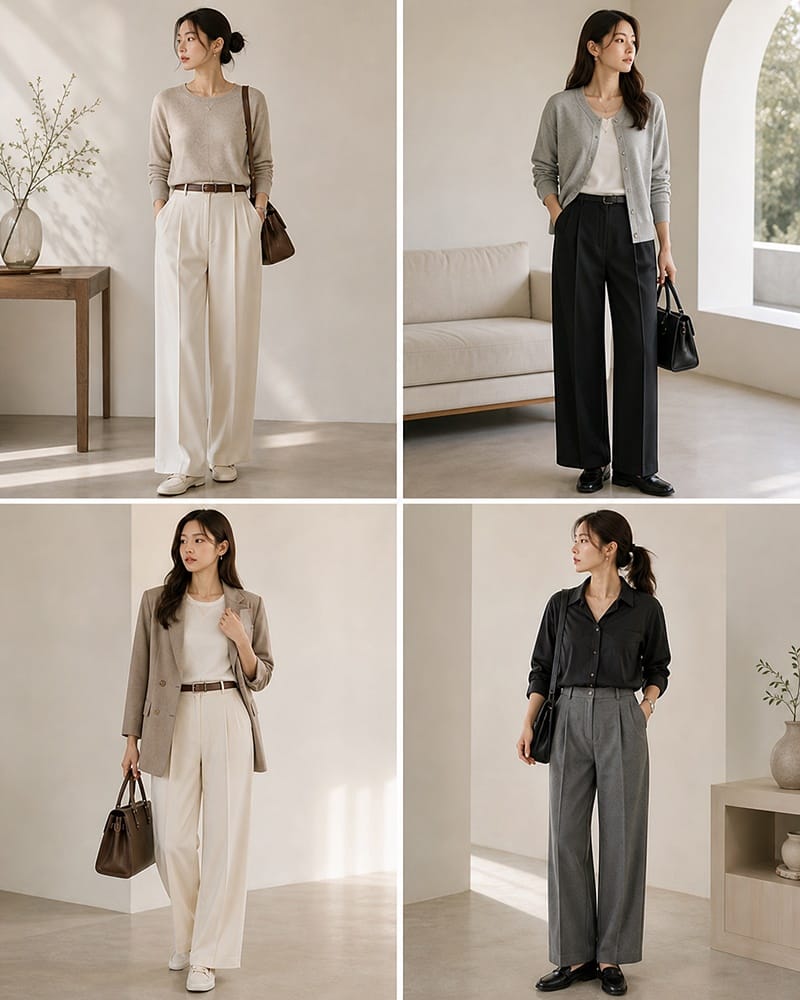 Neutral color K-style outfit matching with beige, white, black, gray, and soft brown tones.