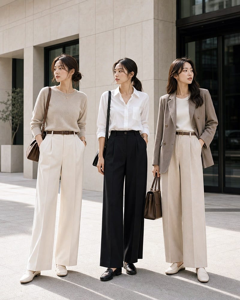 Clean K-style silhouettes showing neutral outfits, tailored blazers, wide-leg trousers, and minimalist fashion.