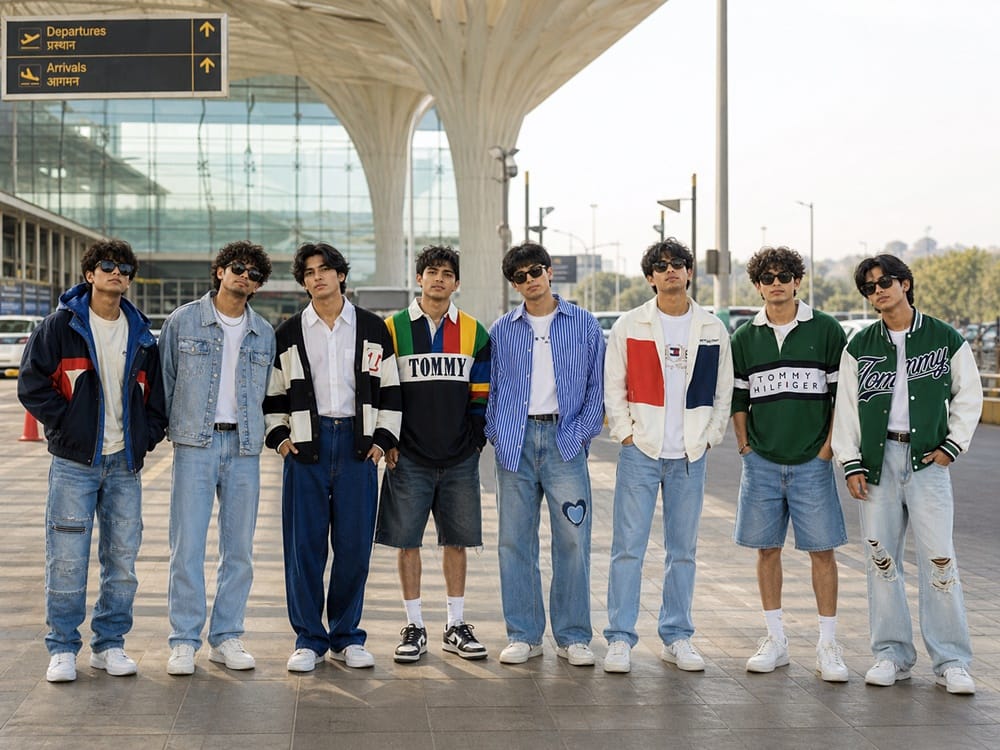 Stray Kids-inspired fashion in India with denim, colorful rugby shirts, varsity jackets, and modern airport streetwear.