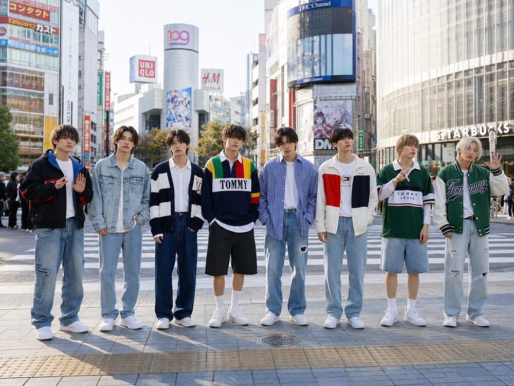 Stray Kids-inspired fashion in Japan with layered denim, oversized shirts, rugby tops, and Tokyo streetwear style.