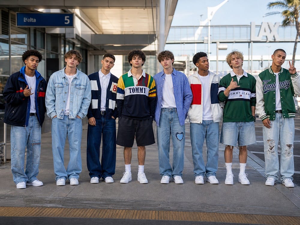 Stray Kids-inspired fashion in the USA with denim, varsity jackets, rugby shirts, and relaxed airport streetwear.